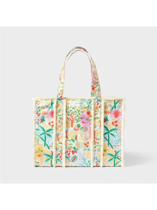 Roller Rabbit Tropical Print Canvas Tote - White, Green, Pink, Yellow - Picture 1 of 4